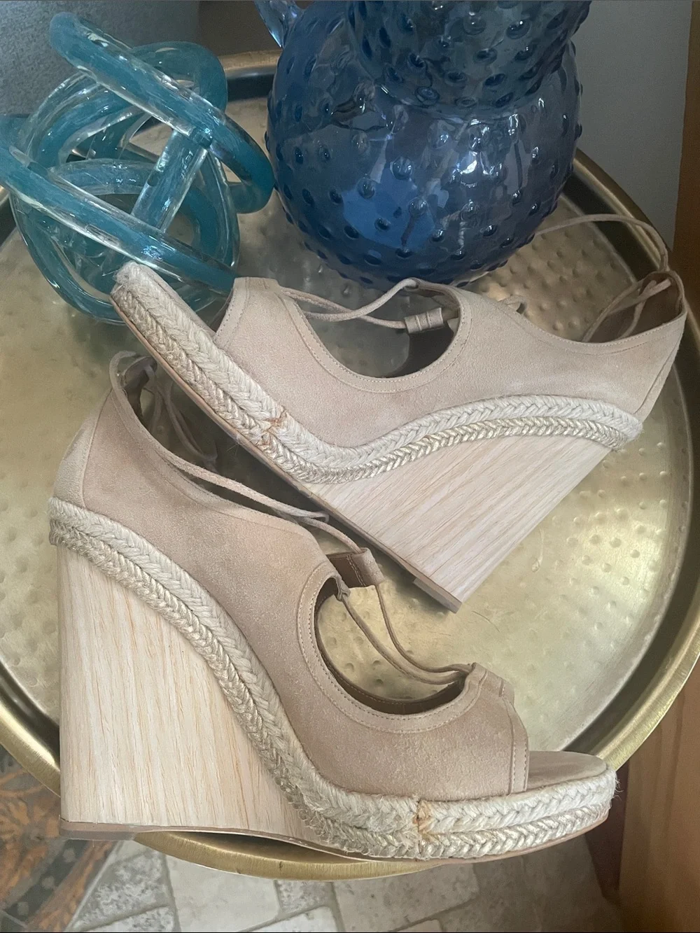Aquazzura Nude Beige Lace-Up Espadrille Wedge Sandals Size 42 11